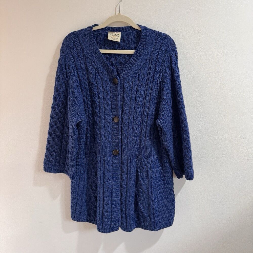 Vintage 90s Kilronan Cardigan Sweater XL Irish Merino Wool Chunky Knit Blue